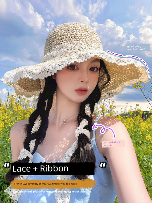Straw Hat Women's Seaside Holiday Cut Out Lace Hat