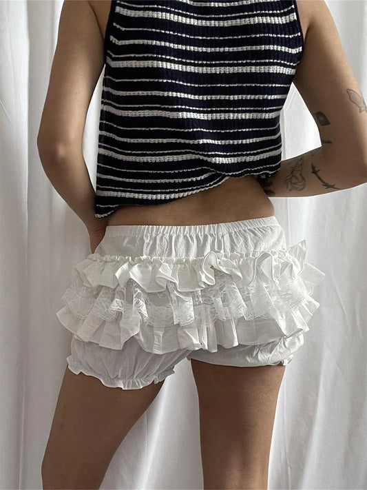 Women Bloomer Shorts Summer Elastic Waist Layered Solid Casual Shorts Streetwear for Daily