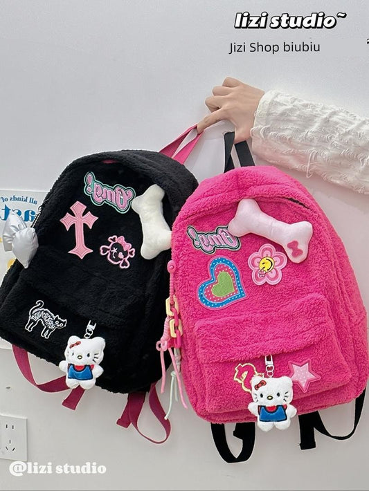 2024 Retro Autumn and Winter Y2g Cute Trendy Plush Niche Backpack Commuter Versatile Fashion Furry Backpack Schoolbag