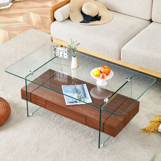 43.3 Inch Modern TwoTier Coffee Table Clear Tempered Glass and Walnut Grain Texture Multifunctional Storage Design.The bm tier