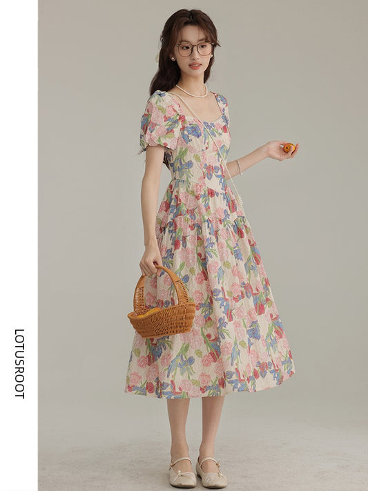 [Three-Inch Lotus Root] Summer New Chiffon Puff Sleeves Floral Dress Female Classy Square Collar Seaside Vacation Skirt