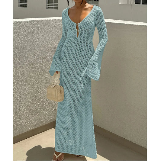New Style Knitting Hollow Out V-Neck Long Sleeve Dress Ladies Beach Holiday Backless Bikini Cover-Ups Sunscreen Long Dress