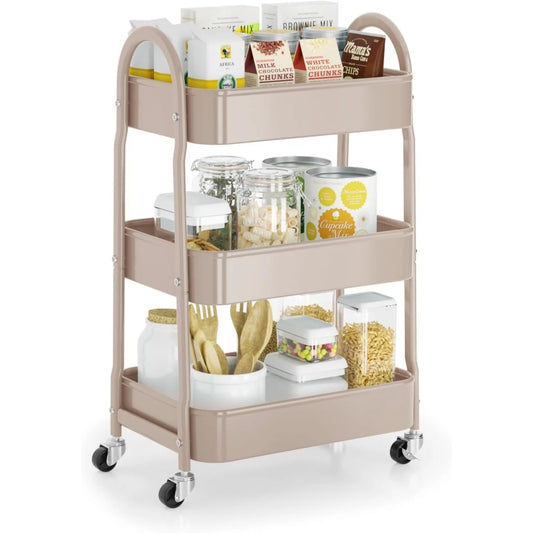 Multifunctional Storage Organizer Trolley with Mesh Baskets for Kitchen, Living Room, Office, Garage (Beige)
