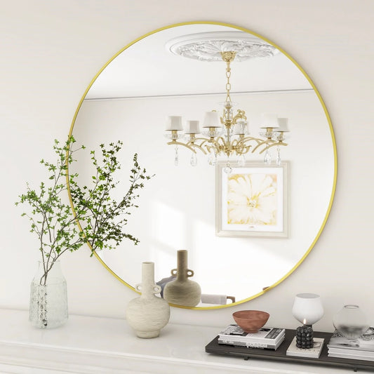 27'' Round Wall Mounted Mirror, Wall Decor Mirrors, Bathroom Bedroom Living Room Glass Vanity Mirror, Black/Golden