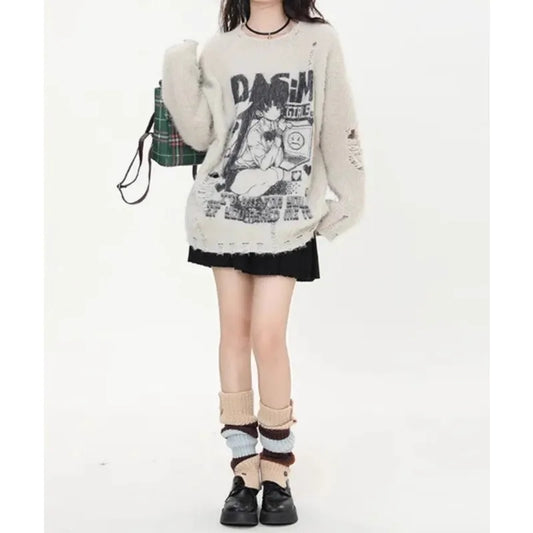 Y2k Sweater Women Autumn 2024 Winter Cartoon Print Casual Loose Sweater Top Simple Elegant American Retro Pullovers Jumpers