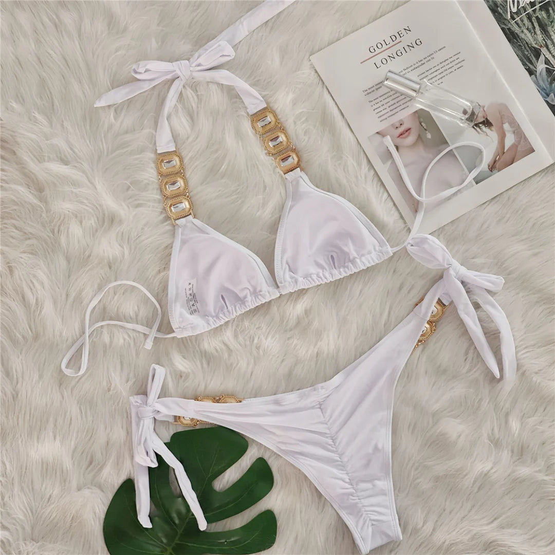 10 Colors Diamond Rhinestones Halter Bikini Women Swimwear Female Swimsuit Two-pieces Bikini set Bather Bathing Suit Swim V6194