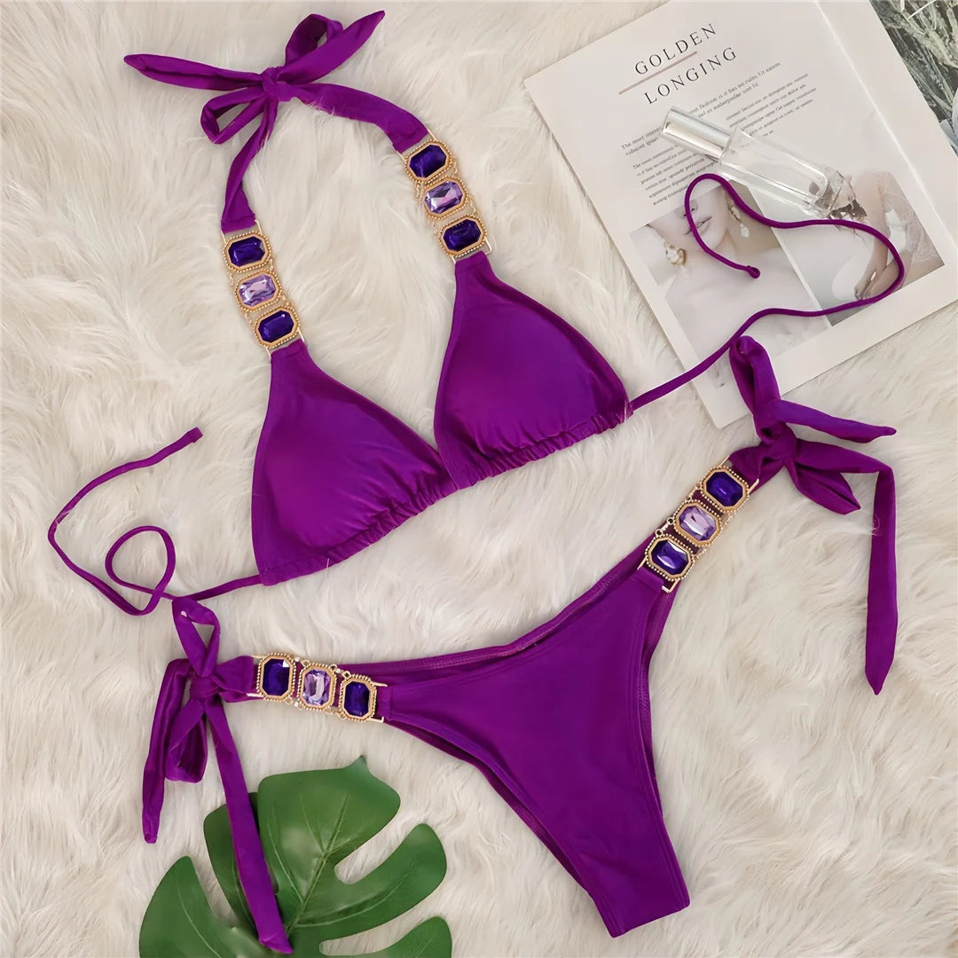 10 Colors Diamond Rhinestones Halter Bikini Women Swimwear Female Swimsuit Two-pieces Bikini set Bather Bathing Suit Swim V6194