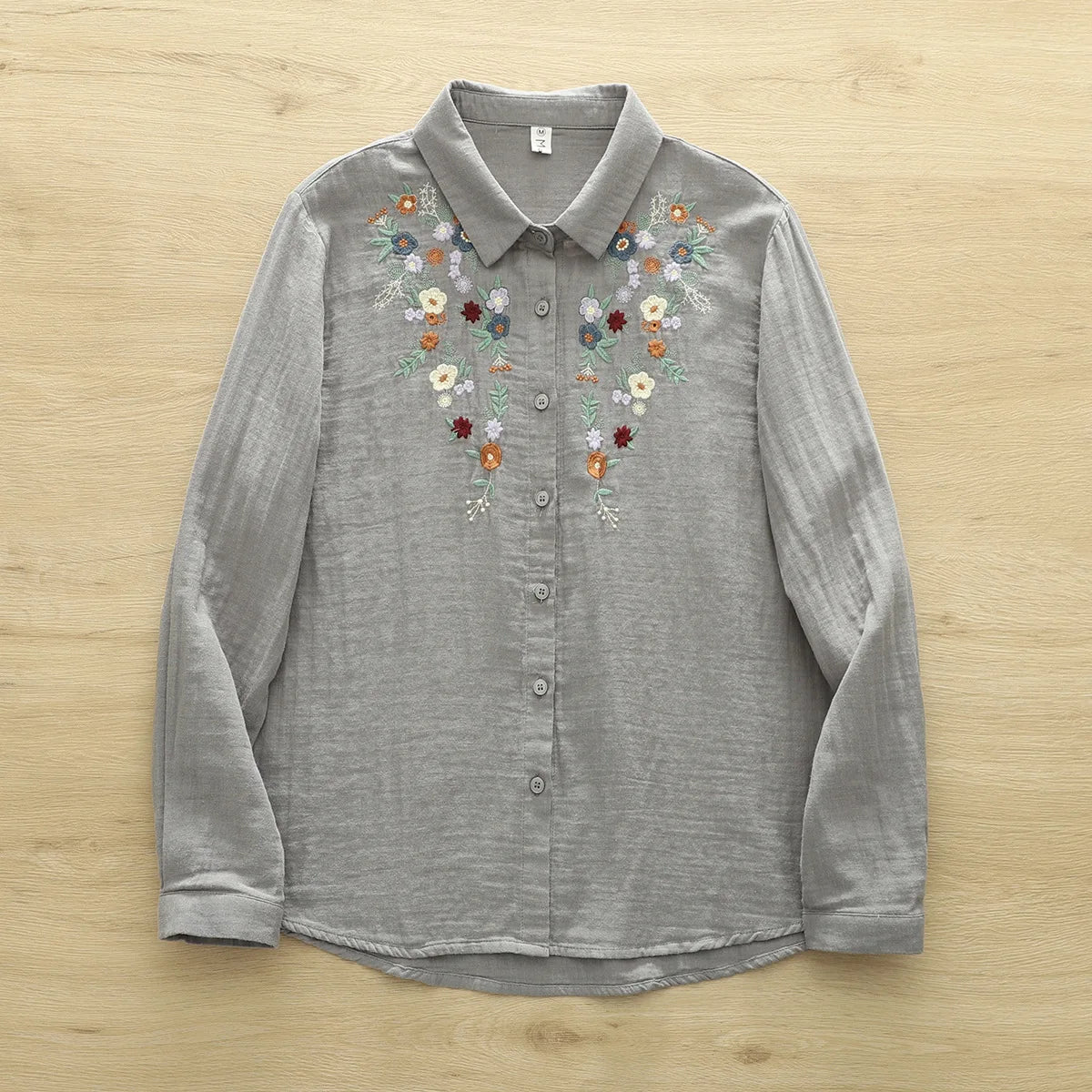 100% Cotton Yarn Blue Pink Gray Blouses Woman Spring Tops Blouses 2025 Fashion Women Trending Floral Embroidery Shirts