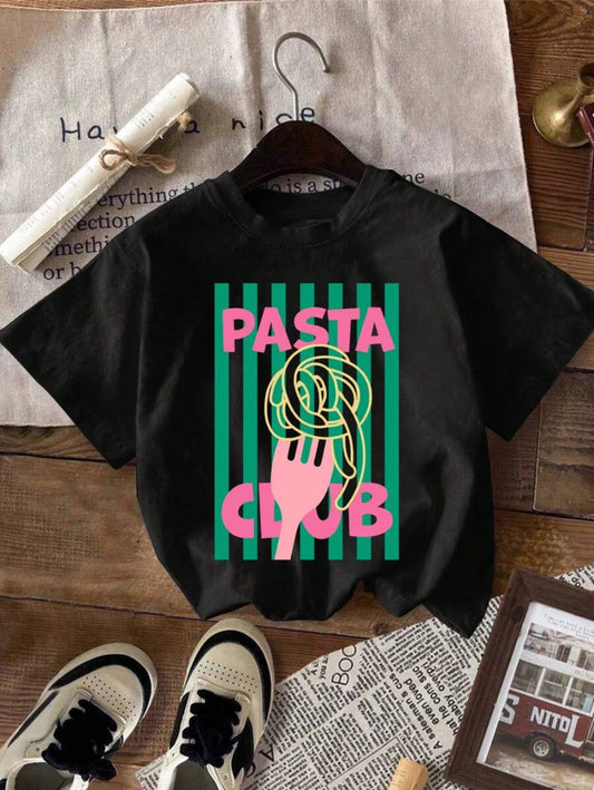 Y2k Pasta Club Graphic T-Shirt Fashion Funny Round Neck T-shirt Women's Clothes Casual Clothing Y2k Top