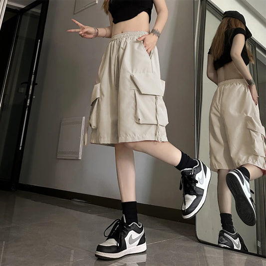 Y2K Cargo Shorts Women Harajuku Black Oversized Wide Leg Shorts Summer Streetwear Fashion High Waist Baggy Short Pants New