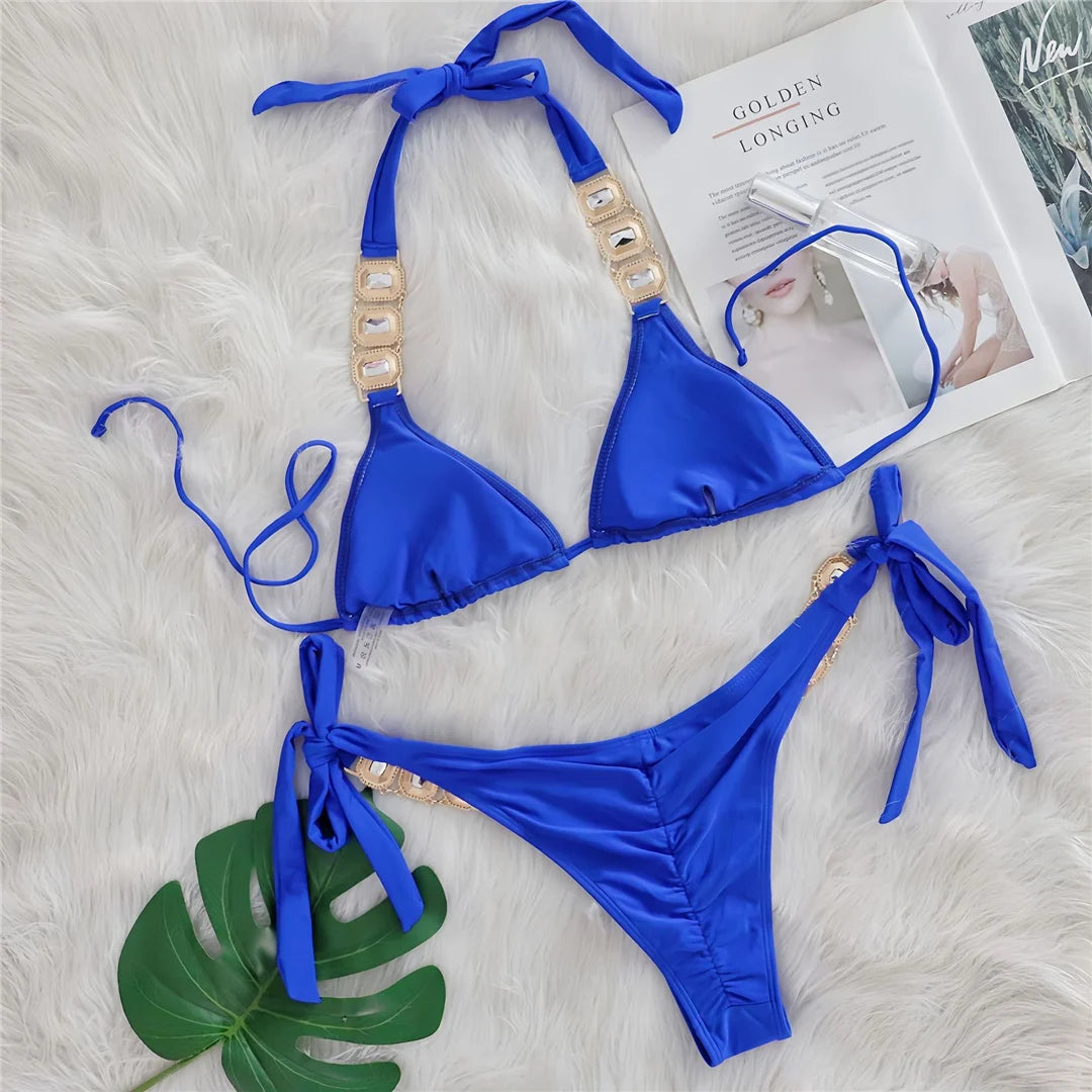 10 Colors Diamond Rhinestones Halter Bikini Women Swimwear Female Swimsuit Two-pieces Bikini set Bather Bathing Suit Swim V6194