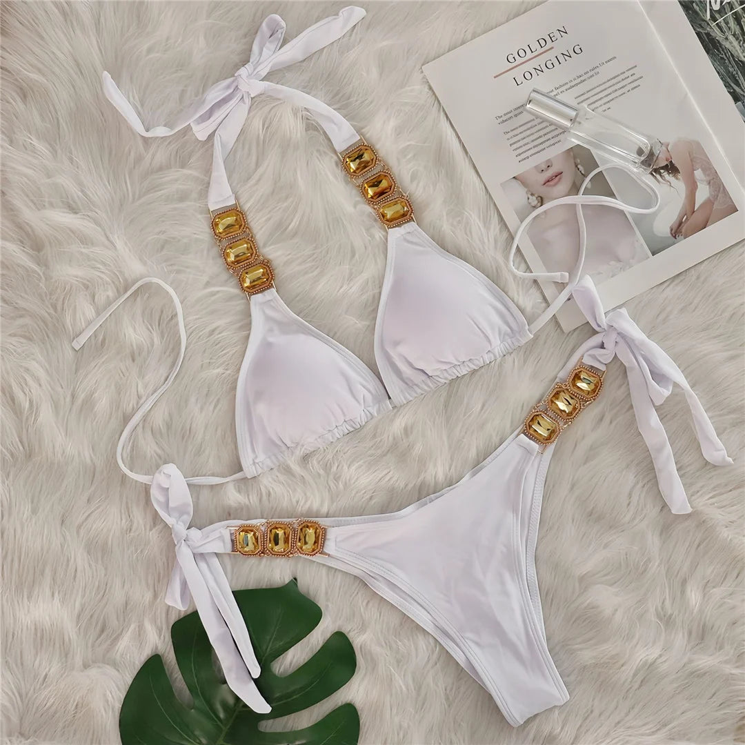 10 Colors Diamond Rhinestones Halter Bikini Women Swimwear Female Swimsuit Two-pieces Bikini set Bather Bathing Suit Swim V6194