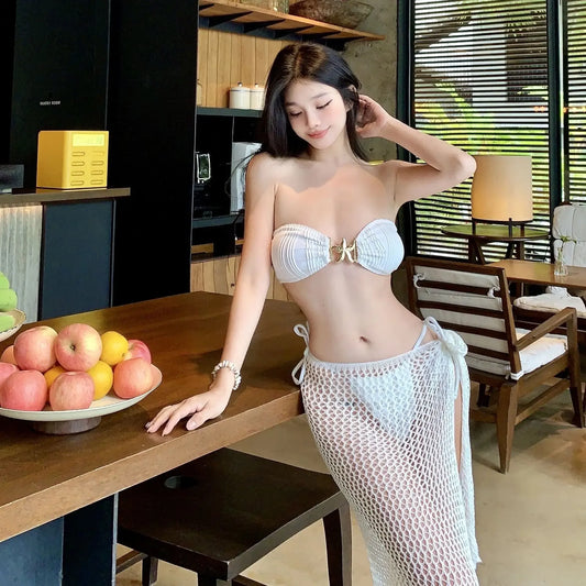 Sexy Pure Desire White Bikini Set Net Fishing Skirt Swimming Suit Women's Three-piece Swimsuit New 2025 Trending Now