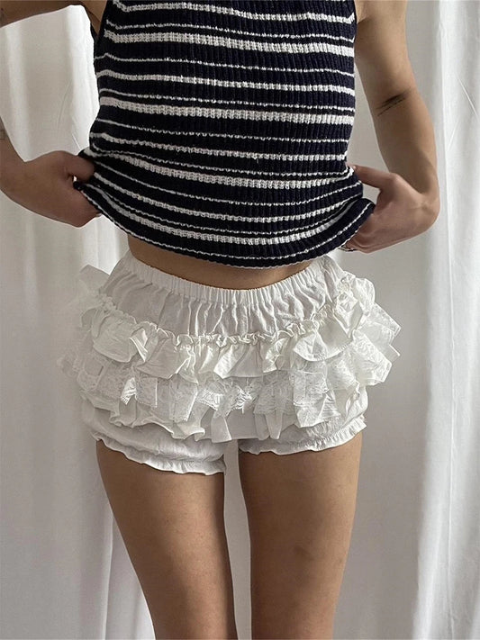 Women Bloomer Shorts Summer Elastic Waist Layered Solid Casual Shorts Streetwear for Daily