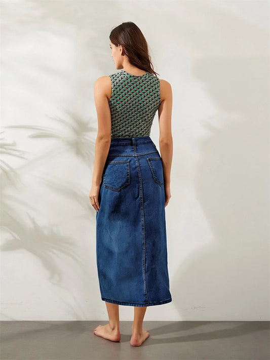 Women s Distressed Denim Skirt with Frayed Hem High Waist Pencil Long Jean Skirt Casual Streetwear for Summer and Spring
