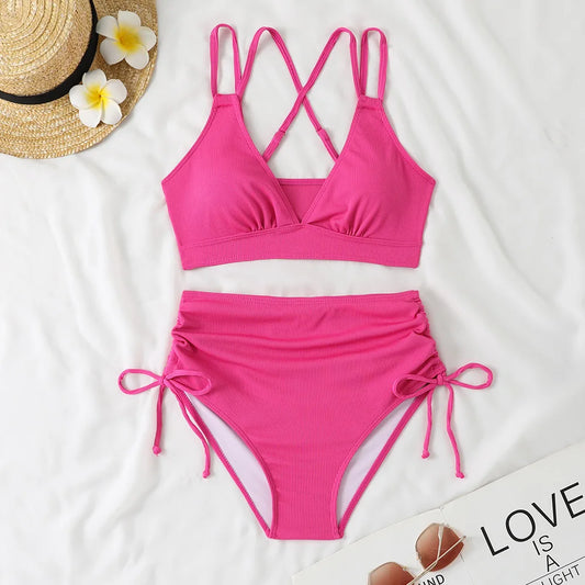 New Sexy Red Bikini 2024 Women Swimwear Female Swimsuit Two Pieces Thong Bikini Set Bather Criss Cross Bathing Suit Beach Wear