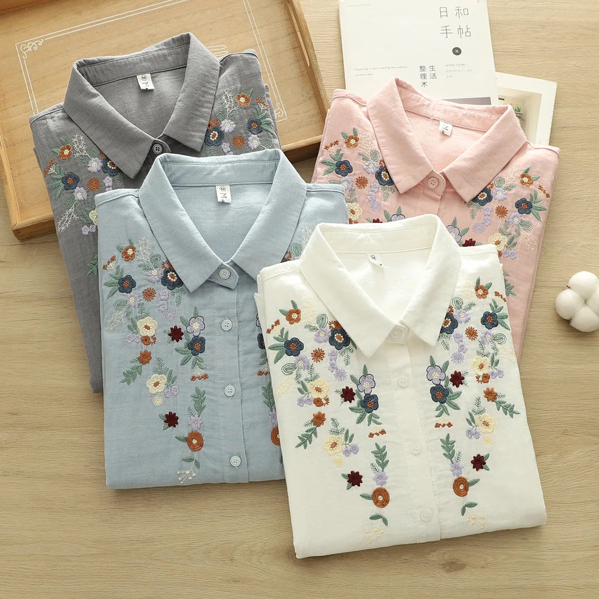 100% Cotton Yarn Blue Pink Gray Blouses Woman Spring Tops Blouses 2025 Fashion Women Trending Floral Embroidery Shirts