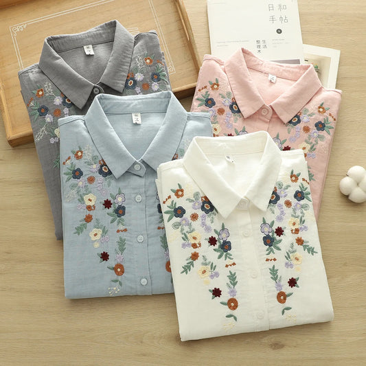 100% Cotton Yarn Blue Pink Gray Blouses Woman Spring Tops Blouses 2025 Fashion Women Trending Floral Embroidery Shirts