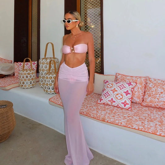 3 Pieces Bikini Set Solid Long Skirt Women Swimwear 2024 Sexy Bikinis Bandeau Beachwear Bodysuit Micro Thong Biquini Female
