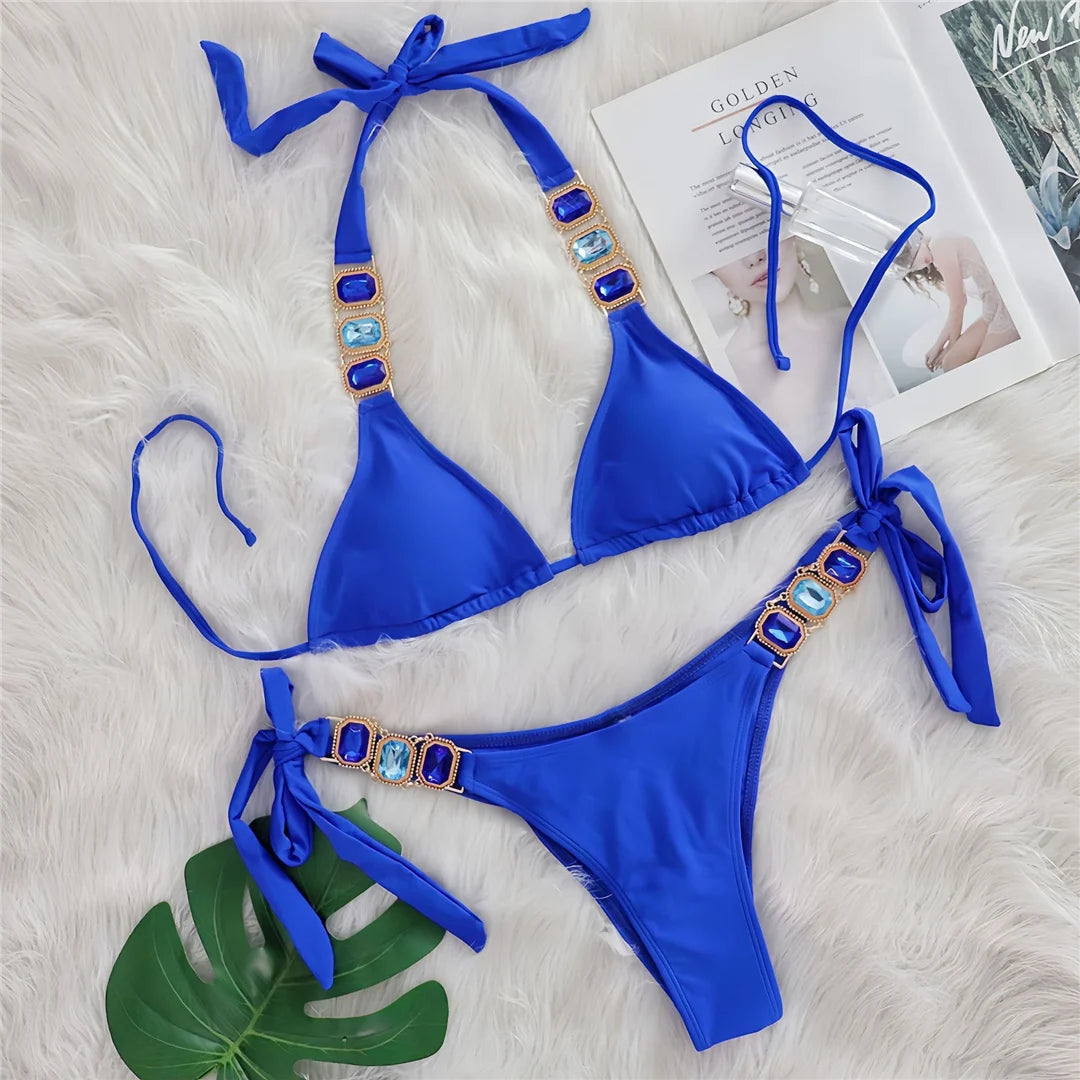 10 Colors Diamond Rhinestones Halter Bikini Women Swimwear Female Swimsuit Two-pieces Bikini set Bather Bathing Suit Swim V6194