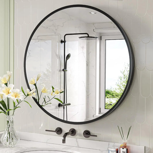 27'' Round Wall Mounted Mirror, Wall Decor Mirrors, Bathroom Bedroom Living Room Glass Vanity Mirror, Black/Golden
