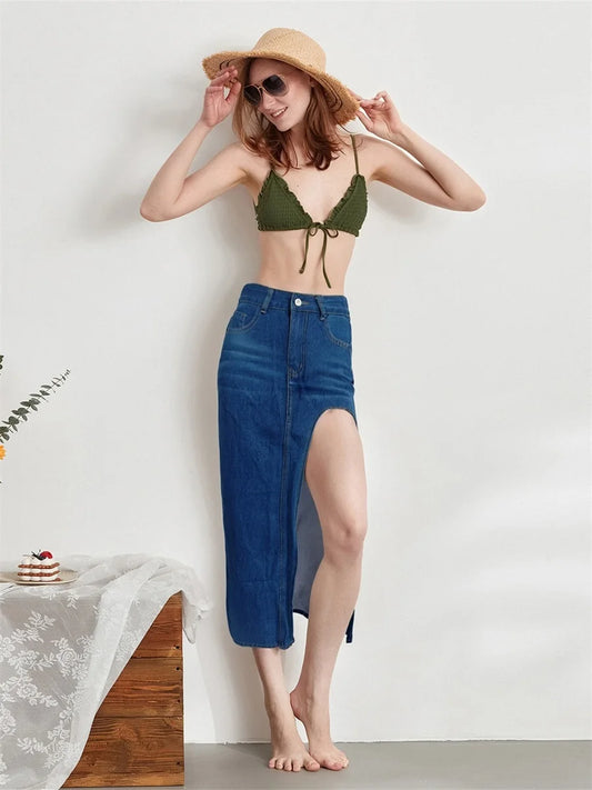 Women s Distressed Denim Skirt with Frayed Hem High Waist Pencil Long Jean Skirt Casual Streetwear for Summer and Spring