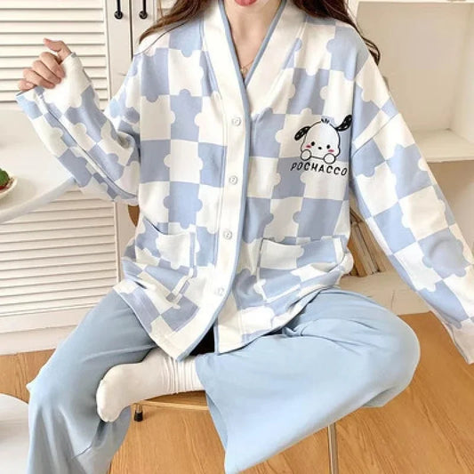 Kawaii Pochacco Girls Pajamas Suit Anime Sanrioed Autumn Homewear Cartoon Woman Cotton Long Sleeves Pants Loose Loungewear Suit