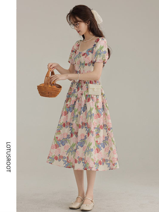 [Three-Inch Lotus Root] Summer New Chiffon Puff Sleeves Floral Dress Female Classy Square Collar Seaside Vacation Skirt