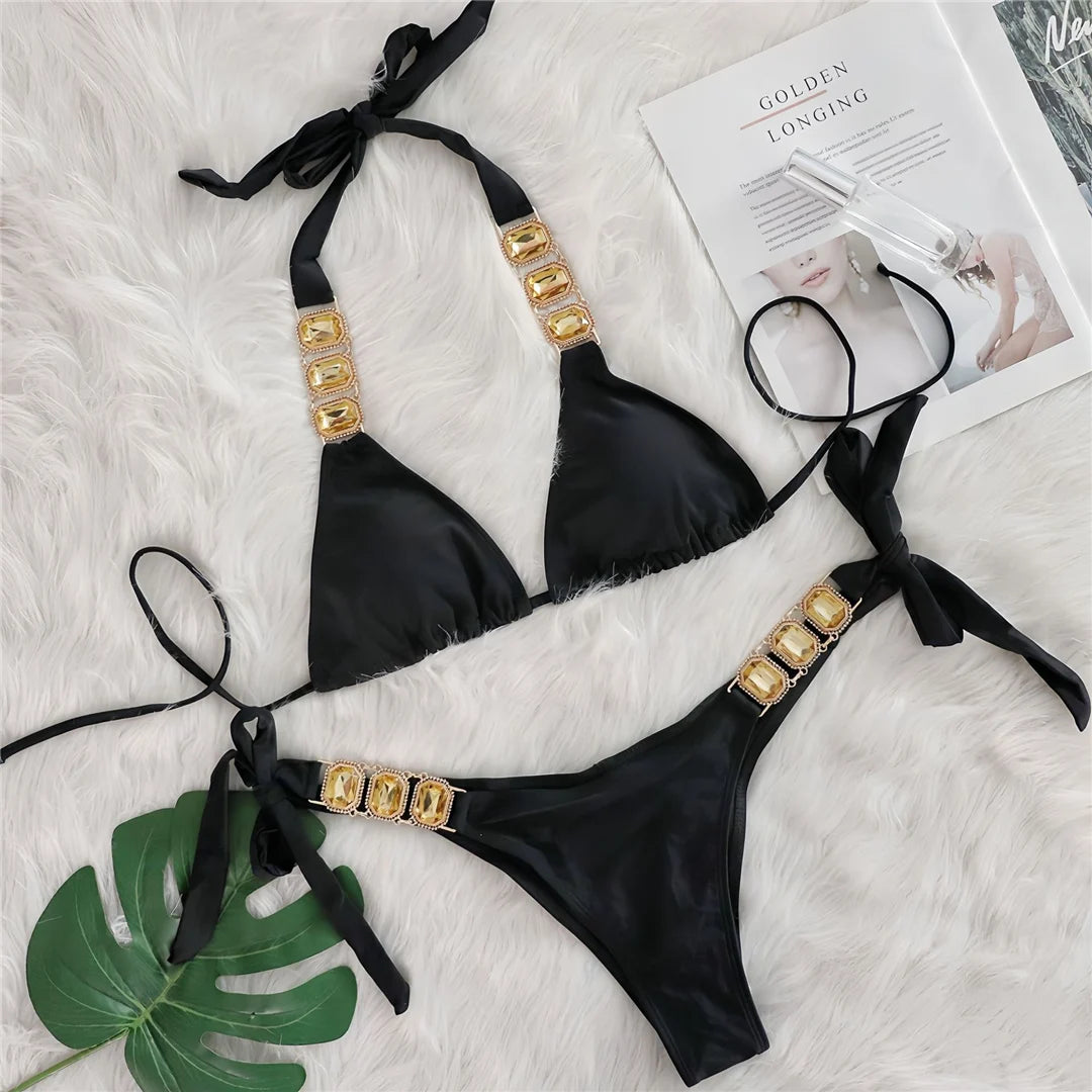 10 Colors Diamond Rhinestones Halter Bikini Women Swimwear Female Swimsuit Two-pieces Bikini set Bather Bathing Suit Swim V6194