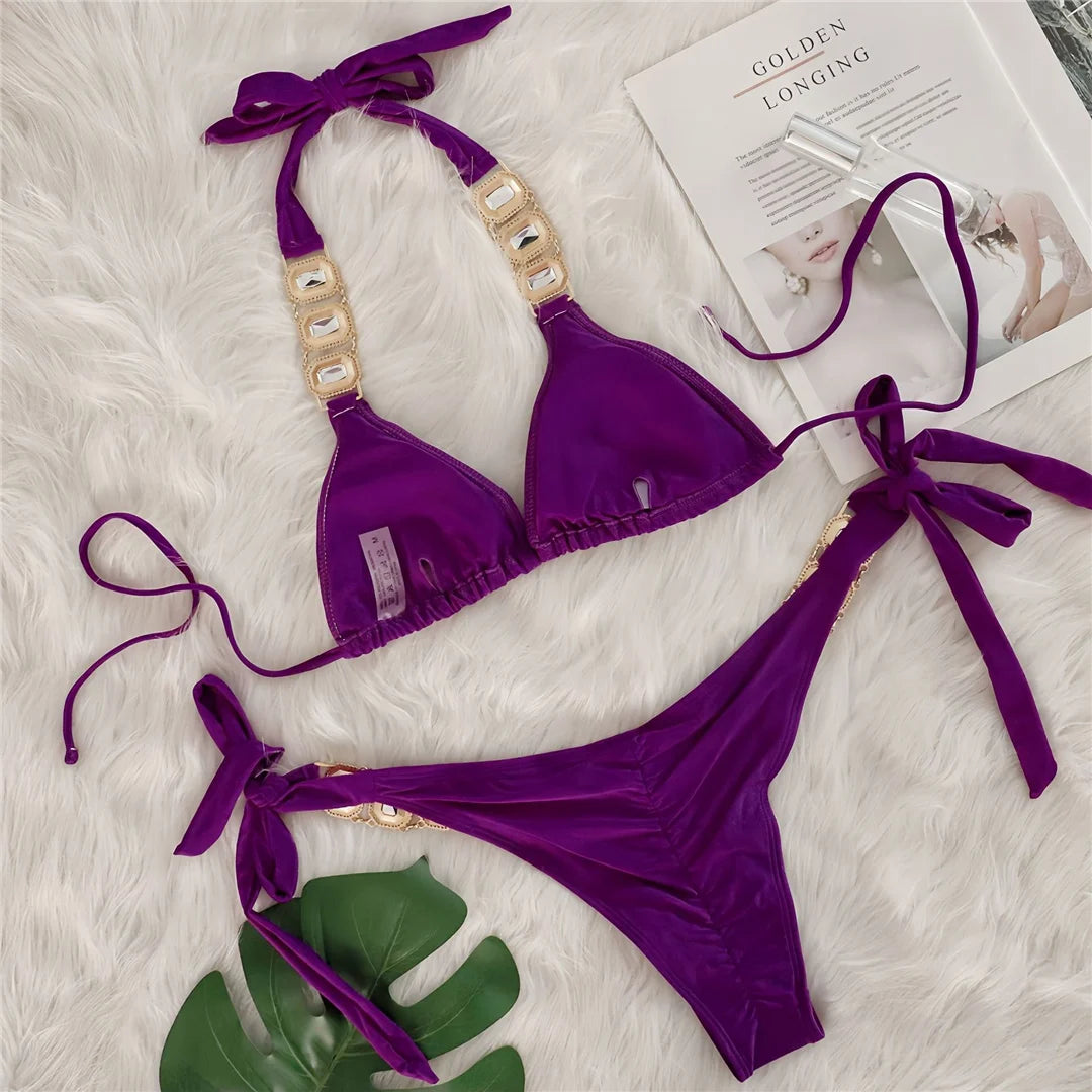 10 Colors Diamond Rhinestones Halter Bikini Women Swimwear Female Swimsuit Two-pieces Bikini set Bather Bathing Suit Swim V6194