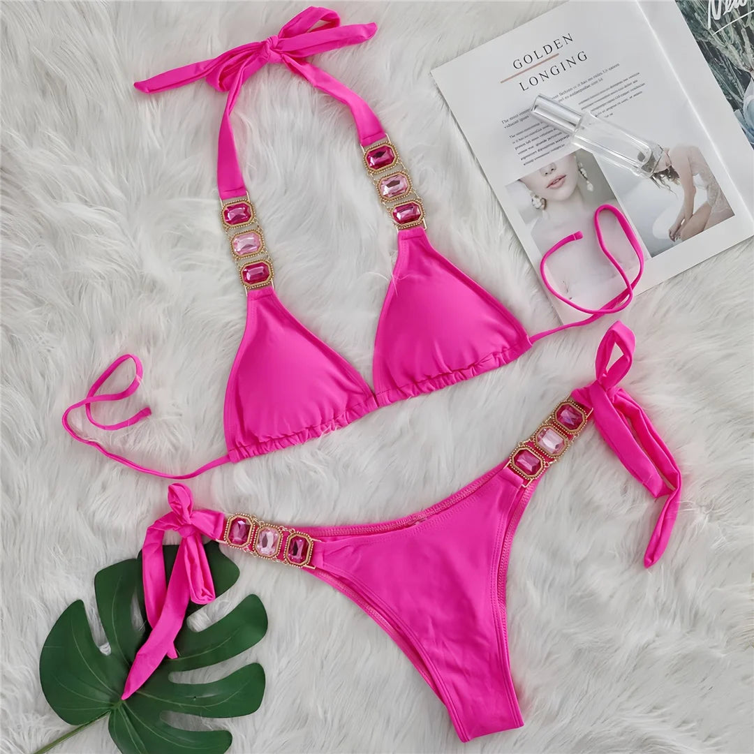 10 Colors Diamond Rhinestones Halter Bikini Women Swimwear Female Swimsuit Two-pieces Bikini set Bather Bathing Suit Swim V6194