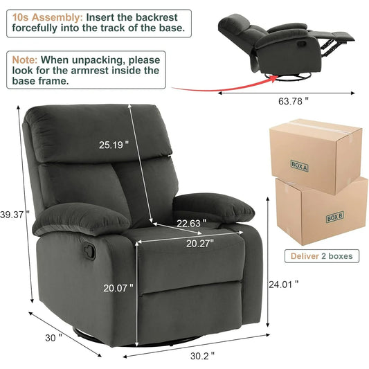 Swivel Rocker Recliner for Adults, Rocking Small Recliner Chair for Small Spaces,Grey
