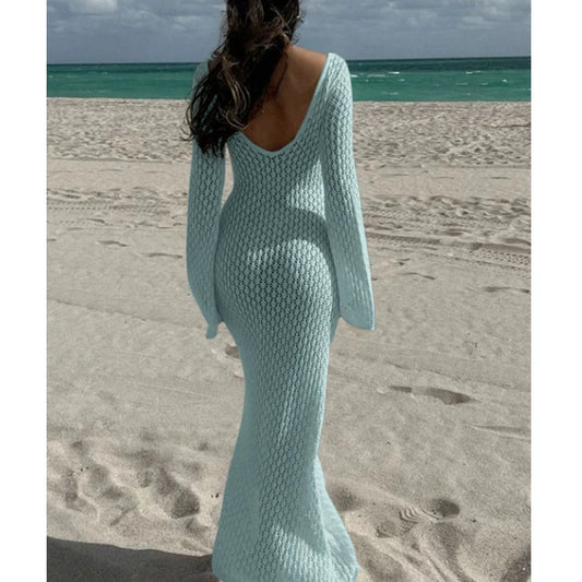 New Style Knitting Hollow Out V-Neck Long Sleeve Dress Ladies Beach Holiday Backless Bikini Cover-Ups Sunscreen Long Dress