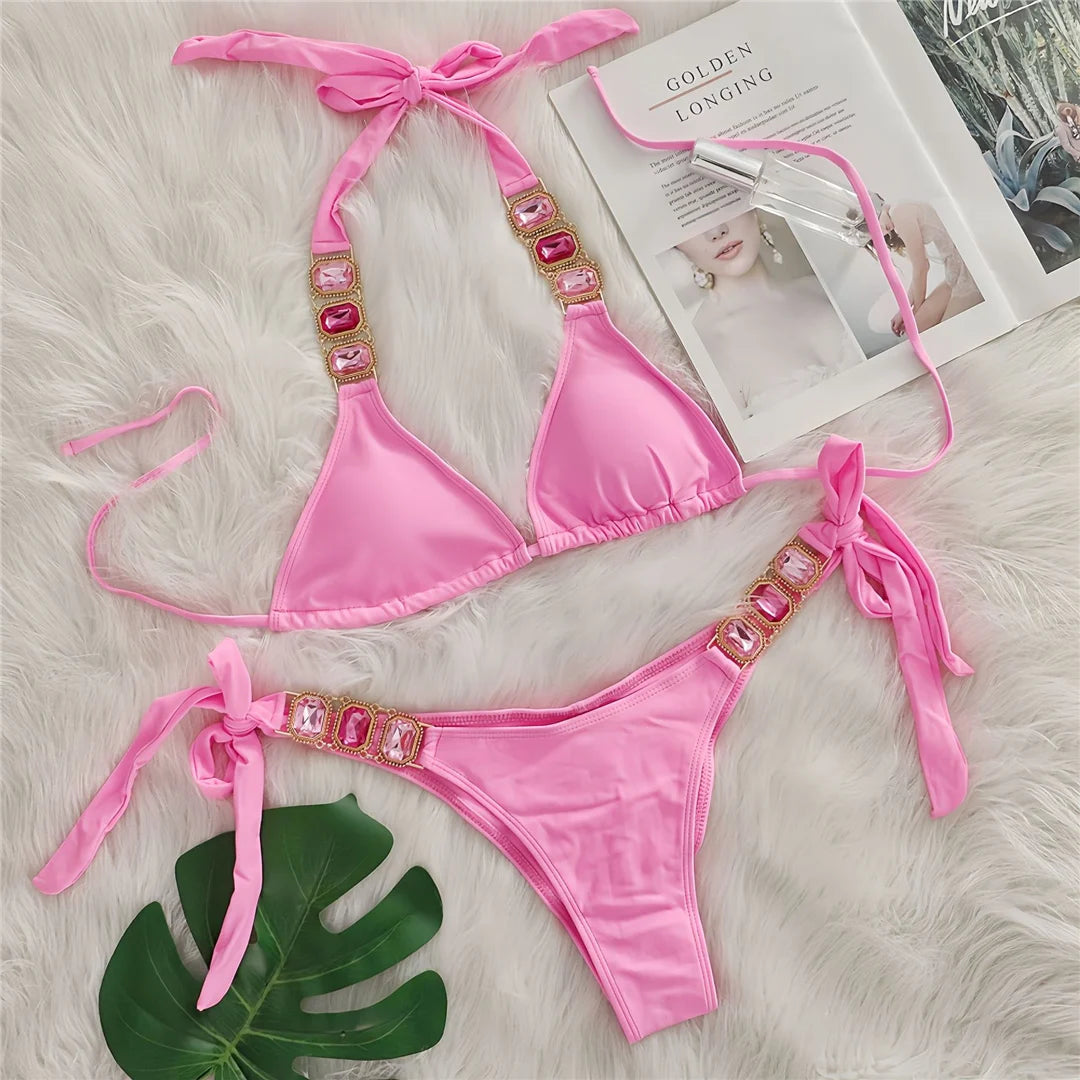 10 Colors Diamond Rhinestones Halter Bikini Women Swimwear Female Swimsuit Two-pieces Bikini set Bather Bathing Suit Swim V6194
