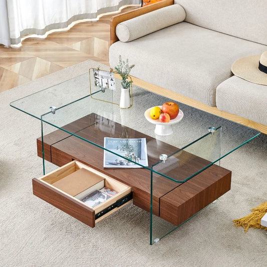 43.3 Inch Modern TwoTier Coffee Table Clear Tempered Glass and Walnut Grain Texture Multifunctional Storage Design.The bm tier
