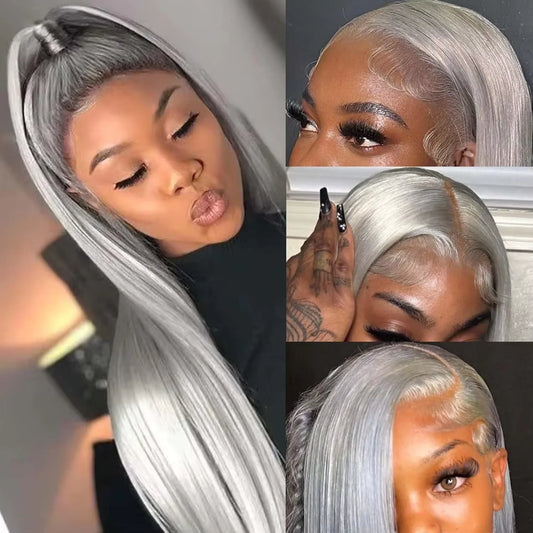 Silver Grey 13X6 HD Lace Front Wigs Brazilian Pre Plucked 28 40 Inch 180% 250% Density Transparent Straight Human Hair For Women
