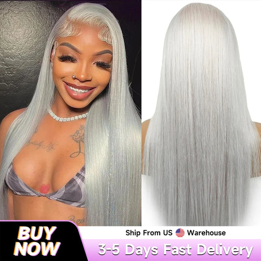 Silver Grey 13X6 HD Lace Front Wigs Brazilian Pre Plucked 28 40 Inch 180% 250% Density Transparent Straight Human Hair For Women