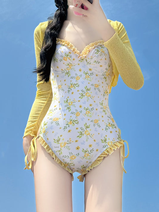 Hot Spring Summer Yellow Floral Women's One-Piece Swimsuit