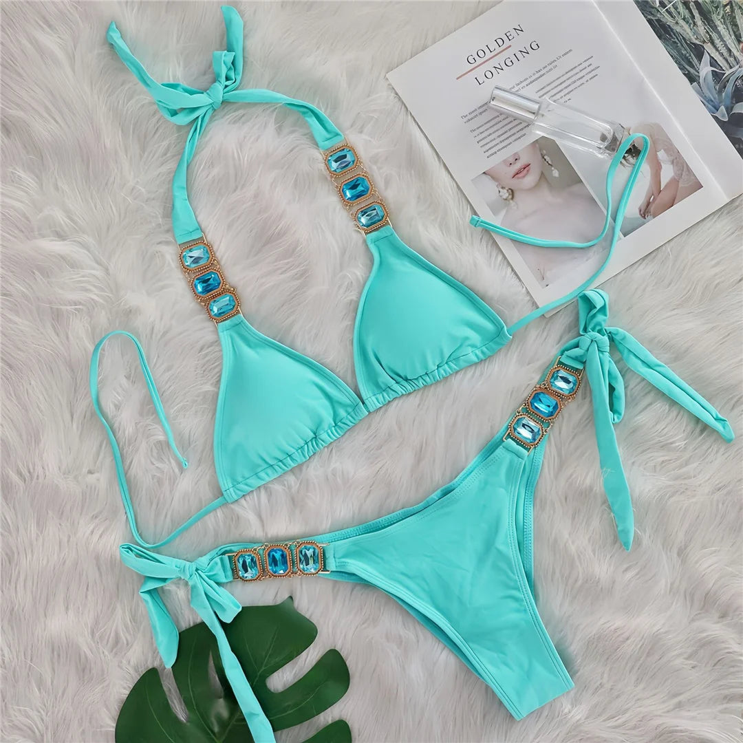 10 Colors Diamond Rhinestones Halter Bikini Women Swimwear Female Swimsuit Two-pieces Bikini set Bather Bathing Suit Swim V6194