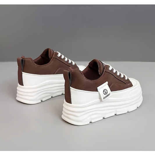 Women's Casual Low-Top Running Shoes - Versatile White & Brown Design, Lace-Up, Comfortable EVA Insole, Durable PVC Sole, Perfect for Casual Attire, Students, and Office Use, Student Sneakers | Modern Sneakers | Synthetic Cov