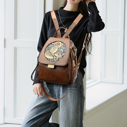Vintage Boho-Chic Large Tote Bag - Soft Faux Synthetic, Spacious & Lightweight for Travel and Commuting, Adjustable Shoulder Strap, Zipper Closure, Black with Mandala & Eagle Design, Large Tote Ba