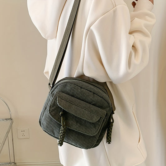 [Vintage Corduroy Bag] Unisex Vintage Harajuku Corduroy Crossbody Bag | Casual Japanese Style Shoulder Handbag with Zipper Closure, Striped Pattern, Polyester Lining | Black, White, Green, Light Brown