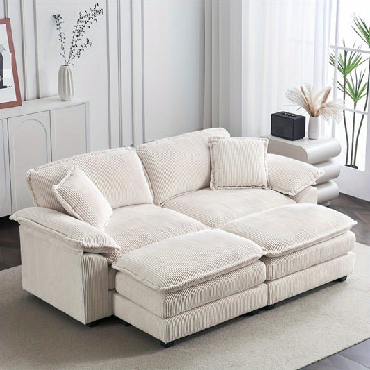 [Modern Loveseat Sofa] 2 Seater Modular Sectional Corduroy Loveseat Sofa Couch With Ottomans | Modern Cloud Sofas With Throw Pillows For Living Room, Corduroy Black, Loveseat With Ottoman