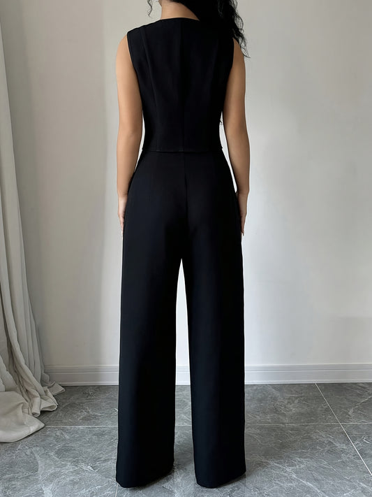 New Summer Style Ladies' Solid Color Single-Breasted Waistcoat And Wide-Leg Trousers Set