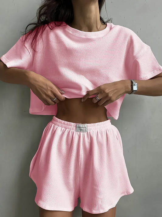 2pcs Casual Short Sleeved Shorts Set, Short Sleeved Off Shoulder Crop Top And Side Split Shorts, Loose, Soft And Comfortable Home Wear Pajama Set