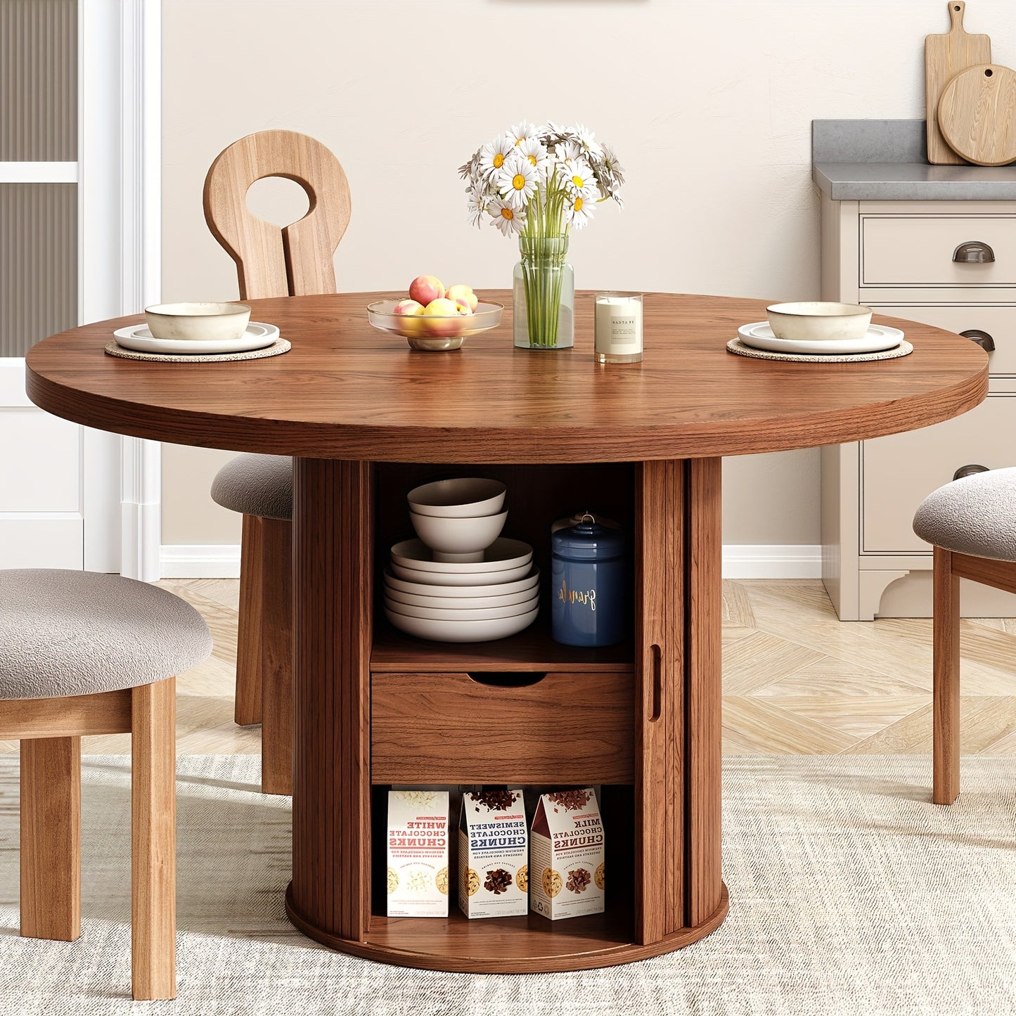 47 Inch Round Farmhouse Wood Dining Table with Double Storage Shelves And Drawers, Modern Round Dining Table for Four with Sliding Doors And Wood Bar Base for Kitchen And Living Room, Walnut