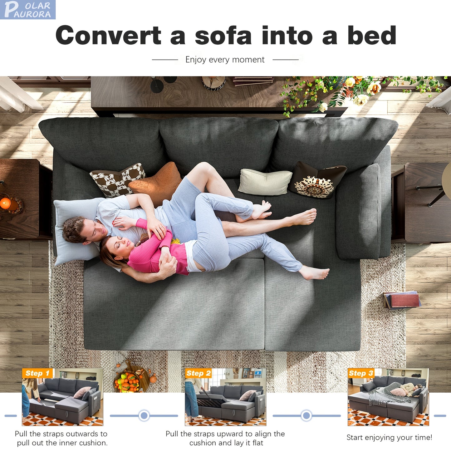 [Pull Out Couch] Polar Aurora Sleeper Soft Bed - Convertible Iron Frame Futon Sofa with Storage Chaise - For Living Room/Apartment/Office (Linen L-Shape, Dark Gray)