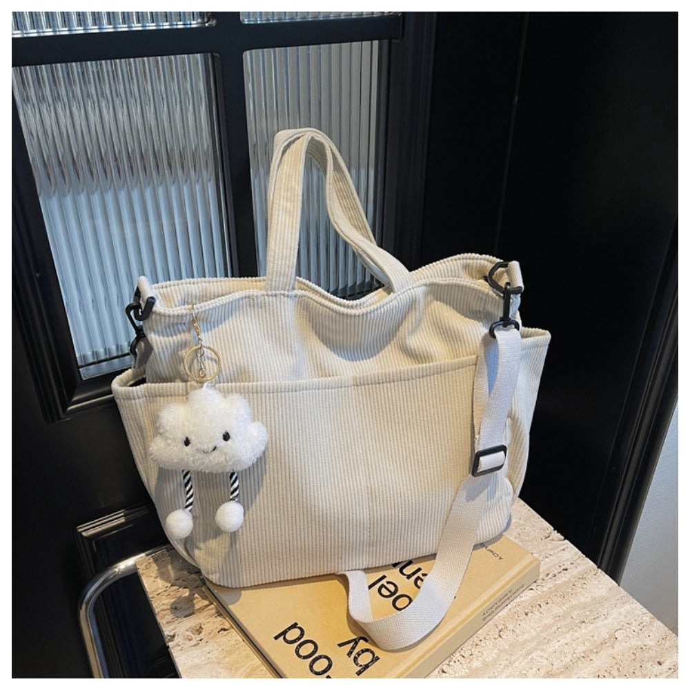 Large Capacity Corduroy Shoulder Bag for Women, Adjustable Strap, Zip Closure, Machine Washable - Ideal for Daily Commute and School