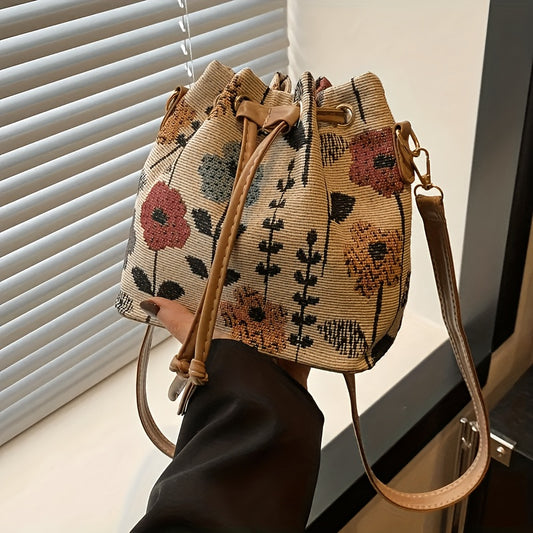 Women's Floral Print Bucket Bag with Adjustable Drawstring Closure - Spacious Crossbody Handbag, Polyester Lined for Casual & Formal Occasions, Crossbody Purse