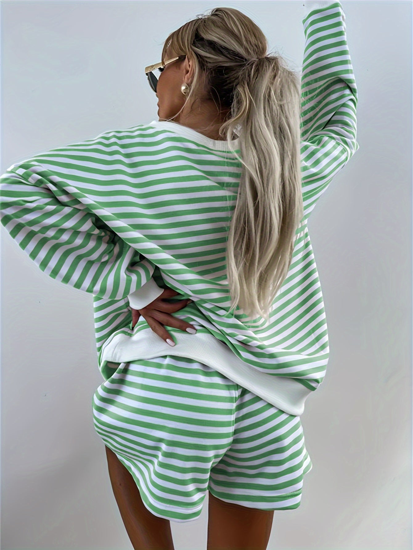 Women's Striped Print& Color Block V-Neck Casual Set with Ribbed Cuffs- Comfy Polyester Outfit, Machine Washable, Perfect for Fall/Winter